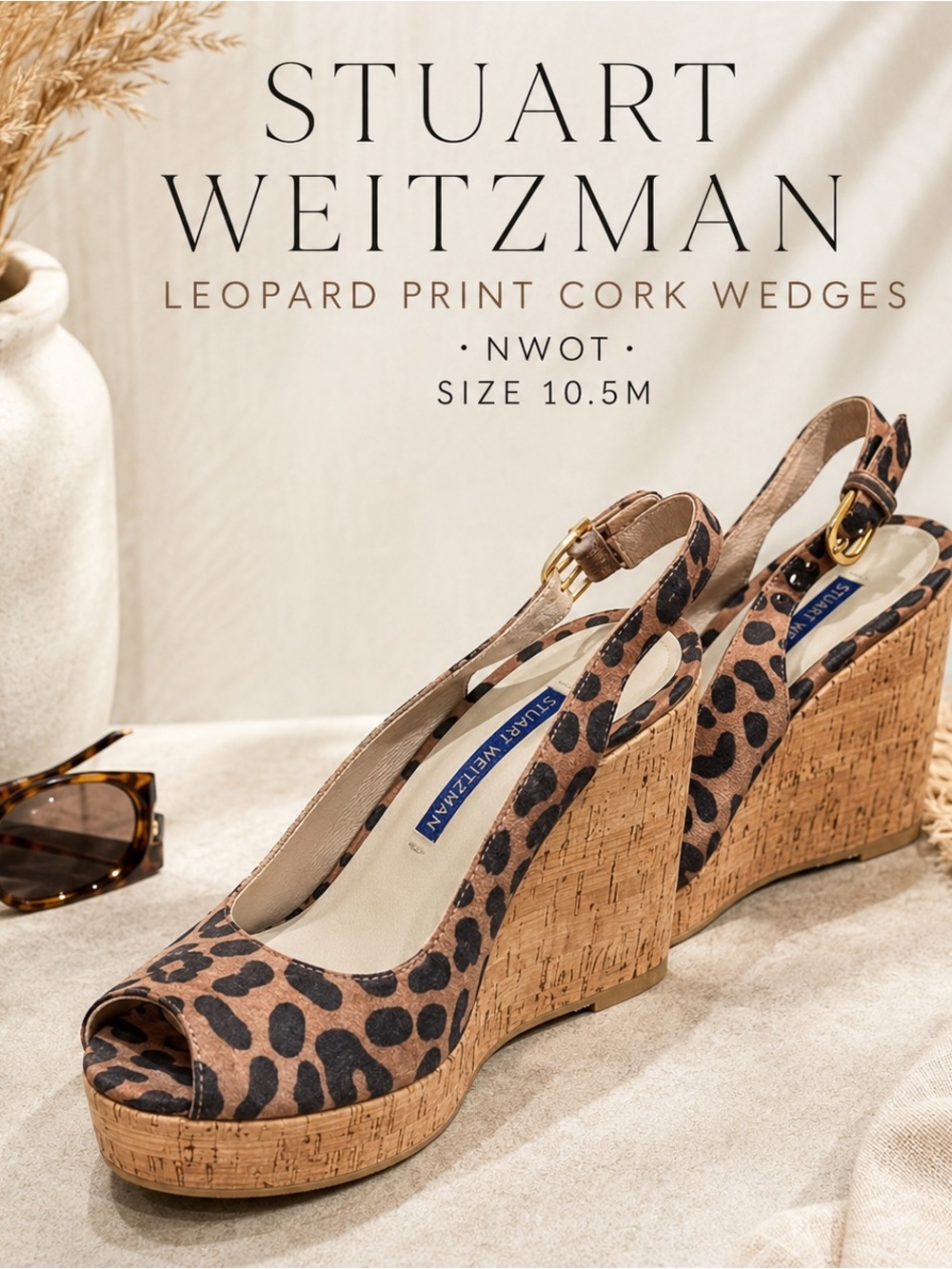 Stuart Weitzman Leopard Print Cork Wedge Slingback Sandals NWOT Women’s 10.5M - Picture 1 of 7